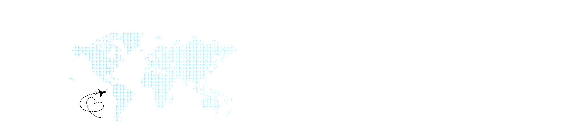A travel-themed banner illustration with a paper airplane and dashed flight path, a world map, and a striped blue border